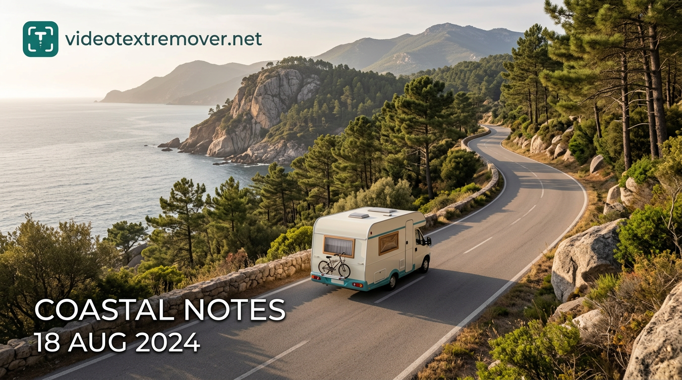 海岸公路上的房车,左下角固定标题为 Coastal Notes,日期为 18 Aug 2024