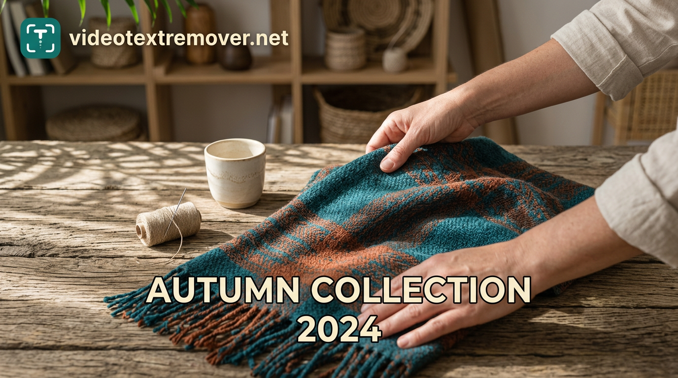 蓝绿色与铁锈色围巾及手部被 Autumn Collection 2024 标题覆盖